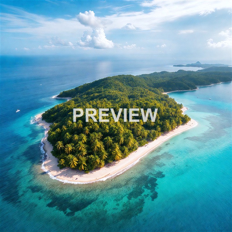 An aerial view of a lush, green tropical island surrounded by turquoise waters, with a sandy beach encircling the island and a dense forest of palm trees.
